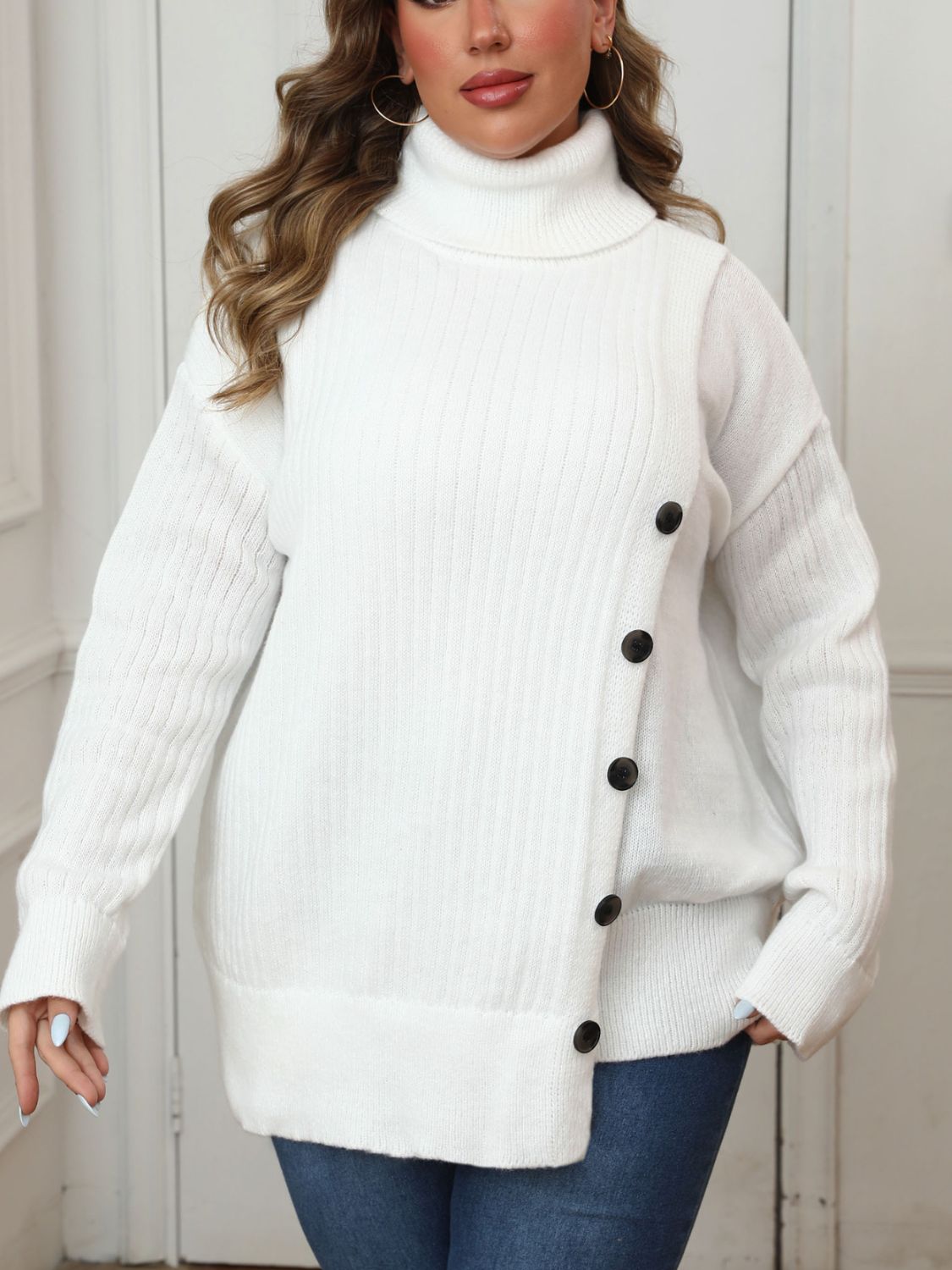 Plus Size Turtleneck Long Sleeve Sweater - 7 Semicolon Couture