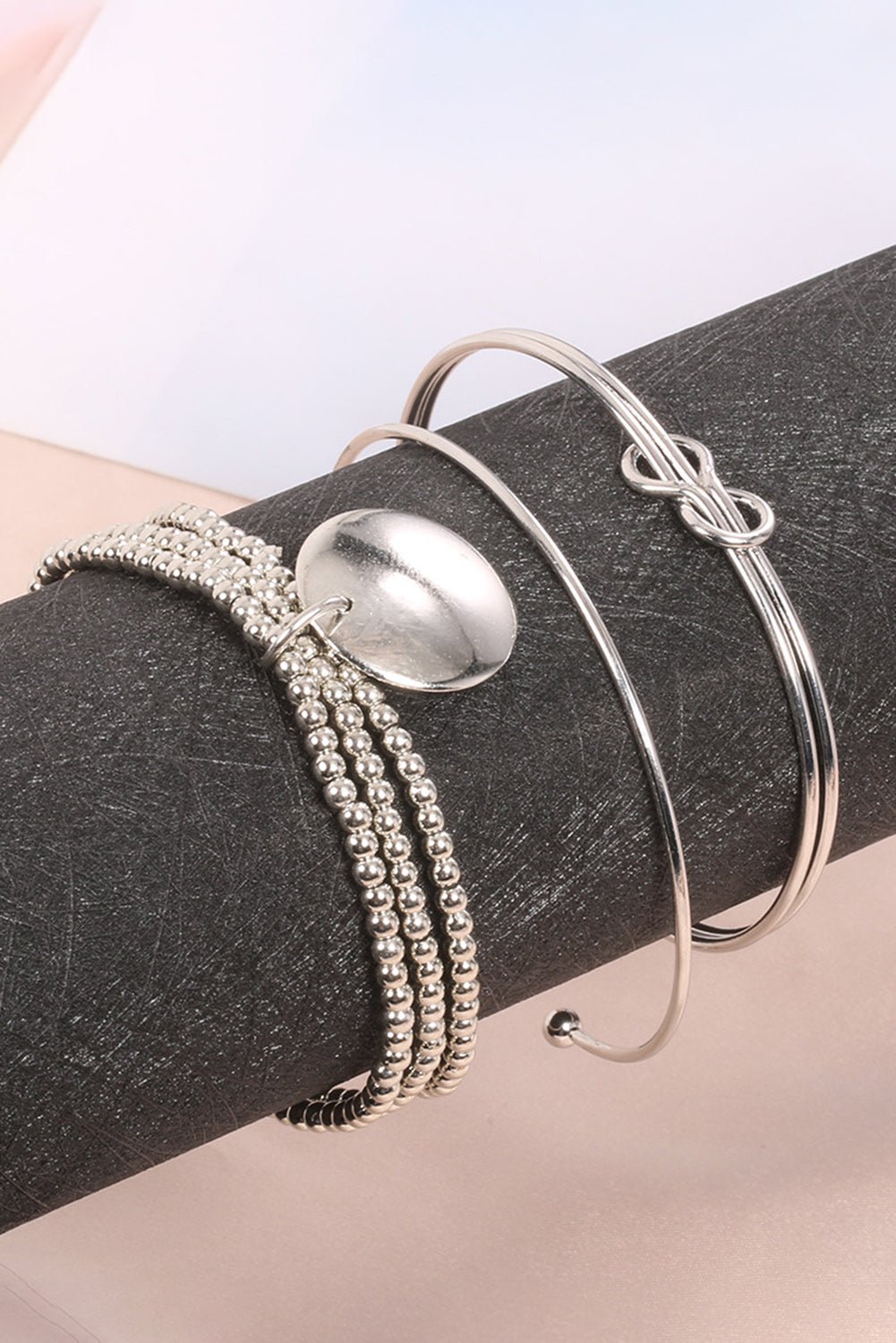 Silver Silver Knotted Beaded 3 - piece Bracelet Set - 7 Semicolon Couture