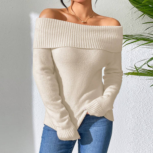 Slim - fit lapel solid color one - line shoulder sweater - 7 Semicolon Couture