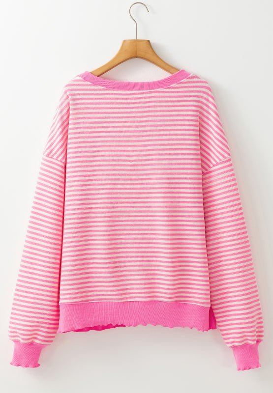 Striped Sequin Heart Round Neck Long Sleeve Sweatshirt - 7 Semicolon Couture