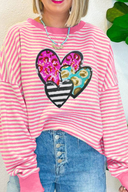 Striped Sequin Heart Round Neck Long Sleeve Sweatshirt - 7 Semicolon Couture