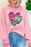 Striped Sequin Heart Round Neck Long Sleeve Sweatshirt - 7 Semicolon Couture