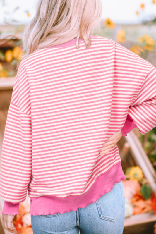 Striped Sequin Heart Round Neck Long Sleeve Sweatshirt - 7 Semicolon Couture