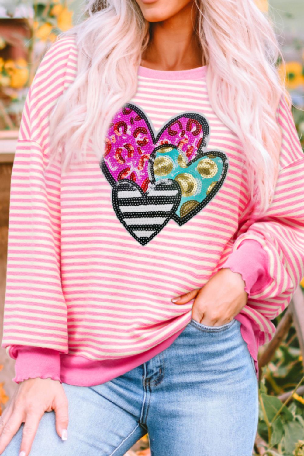 Striped Sequin Heart Round Neck Long Sleeve Sweatshirt - 7 Semicolon Couture