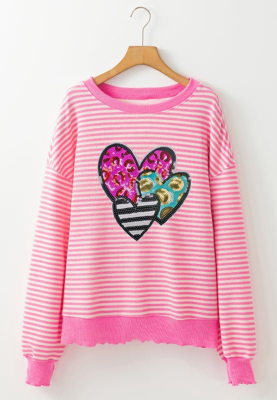 Striped Sequin Heart Round Neck Long Sleeve Sweatshirt - 7 Semicolon Couture