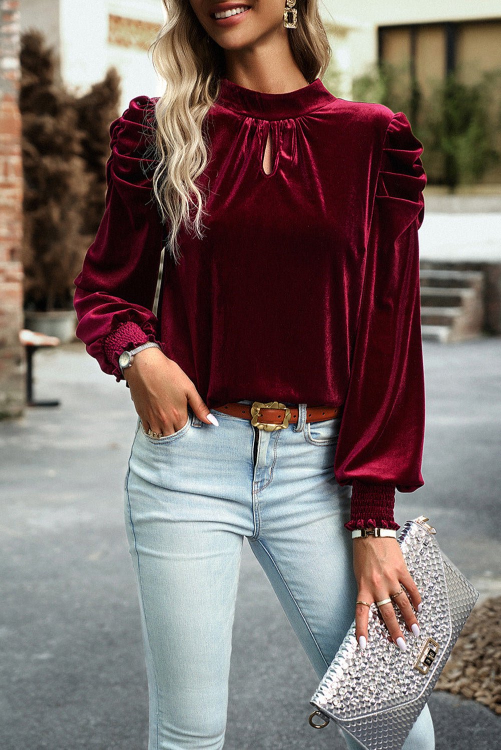 Tie Up Mock Neck Velvet Fabric Long Sleeve Blouse - 7 Semicolon Couture