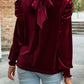 Tie Up Mock Neck Velvet Fabric Long Sleeve Blouse - 7 Semicolon Couture