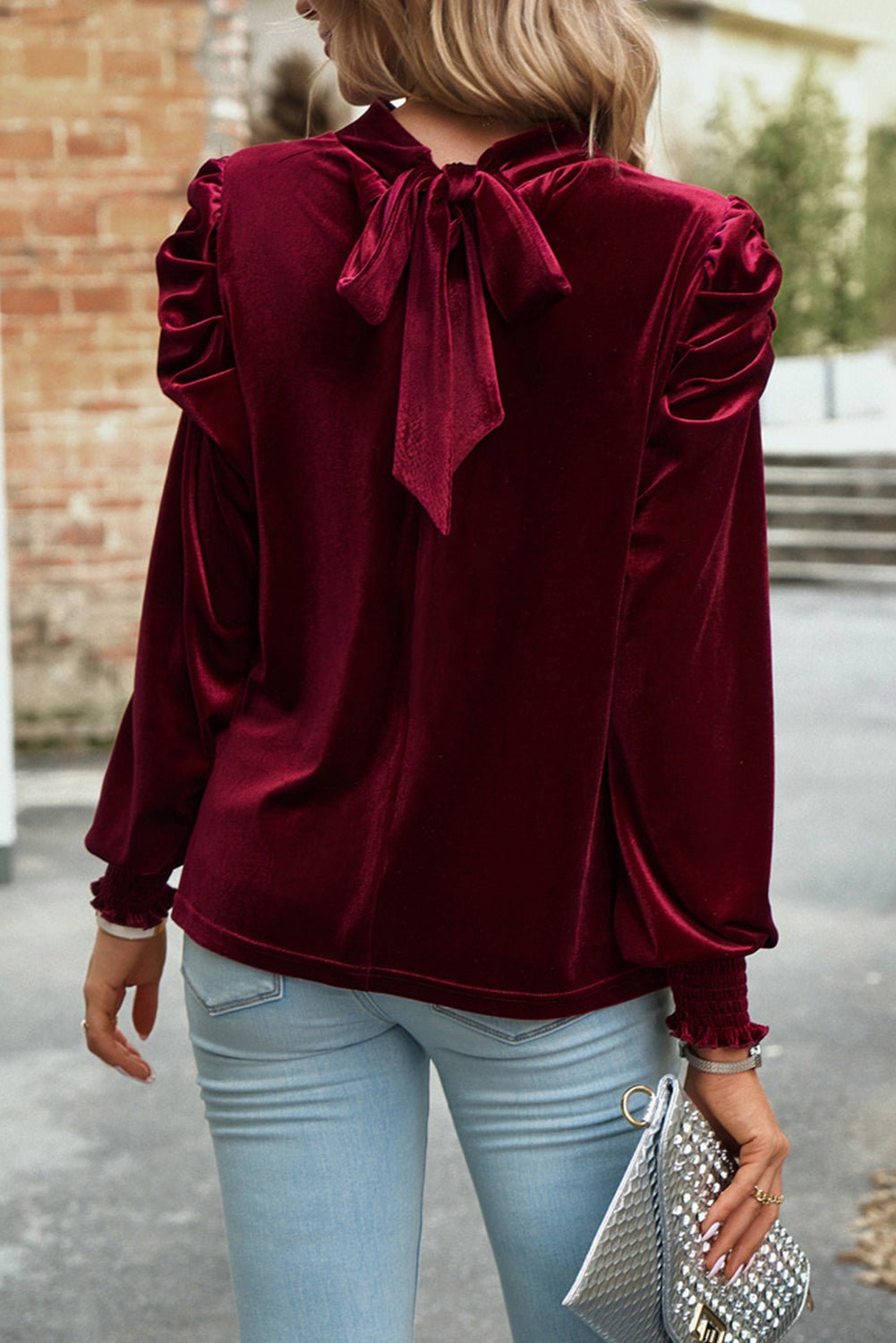 Tie Up Mock Neck Velvet Fabric Long Sleeve Blouse - 7 Semicolon Couture