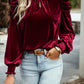 Tie Up Mock Neck Velvet Fabric Long Sleeve Blouse - 7 Semicolon Couture