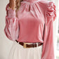 Tie Up Mock Neck Velvet Fabric Long Sleeve Blouse - 7 Semicolon Couture