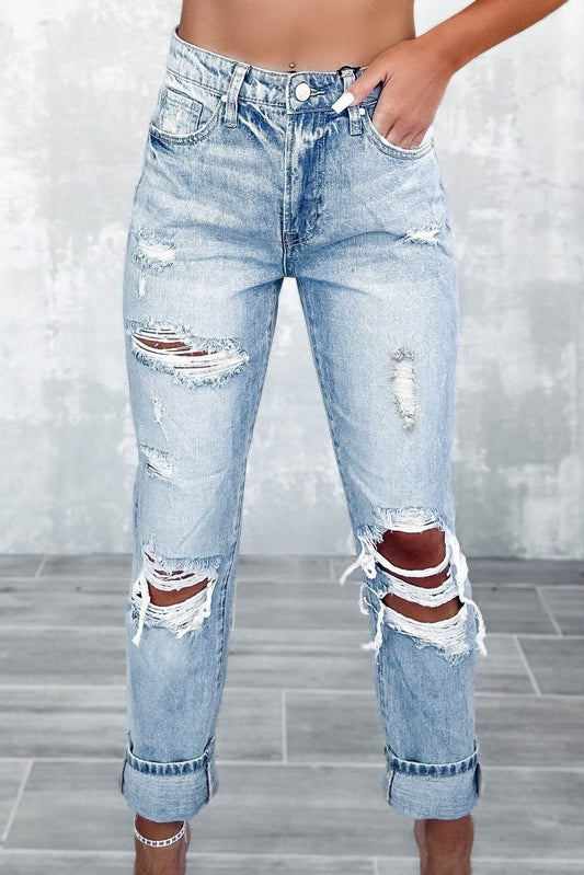 Frayed Slim Fit High Waist Jeans - 7 Semicolon Couture
