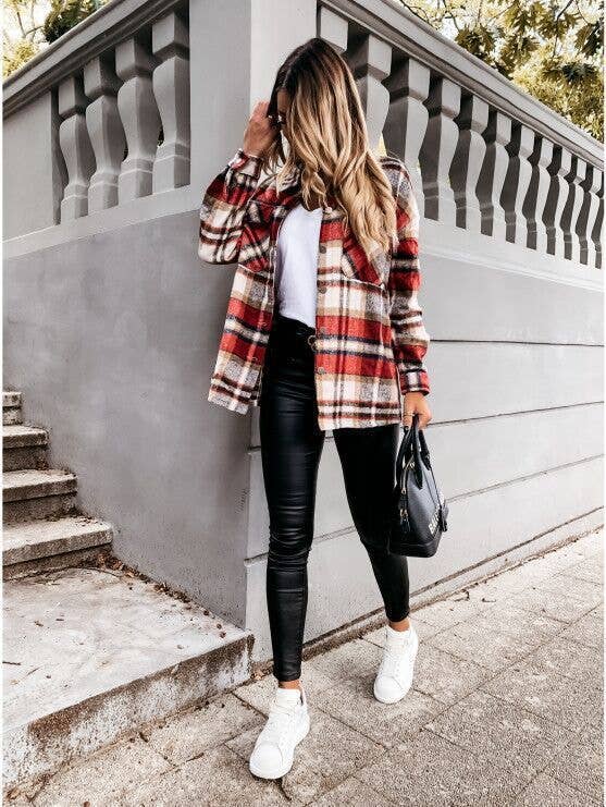 WOOLEN SHIRT LONG - SLEEVED PLAID COAT - 7 Semicolon Couture