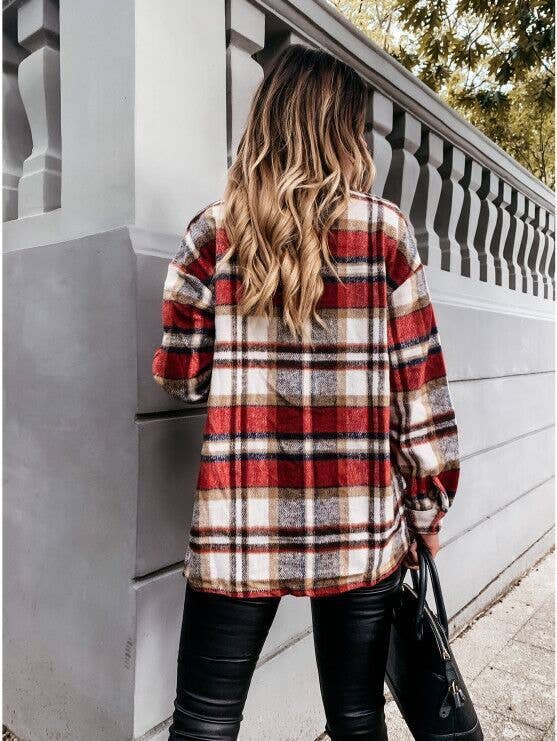 WOOLEN SHIRT LONG - SLEEVED PLAID COAT - 7 Semicolon Couture