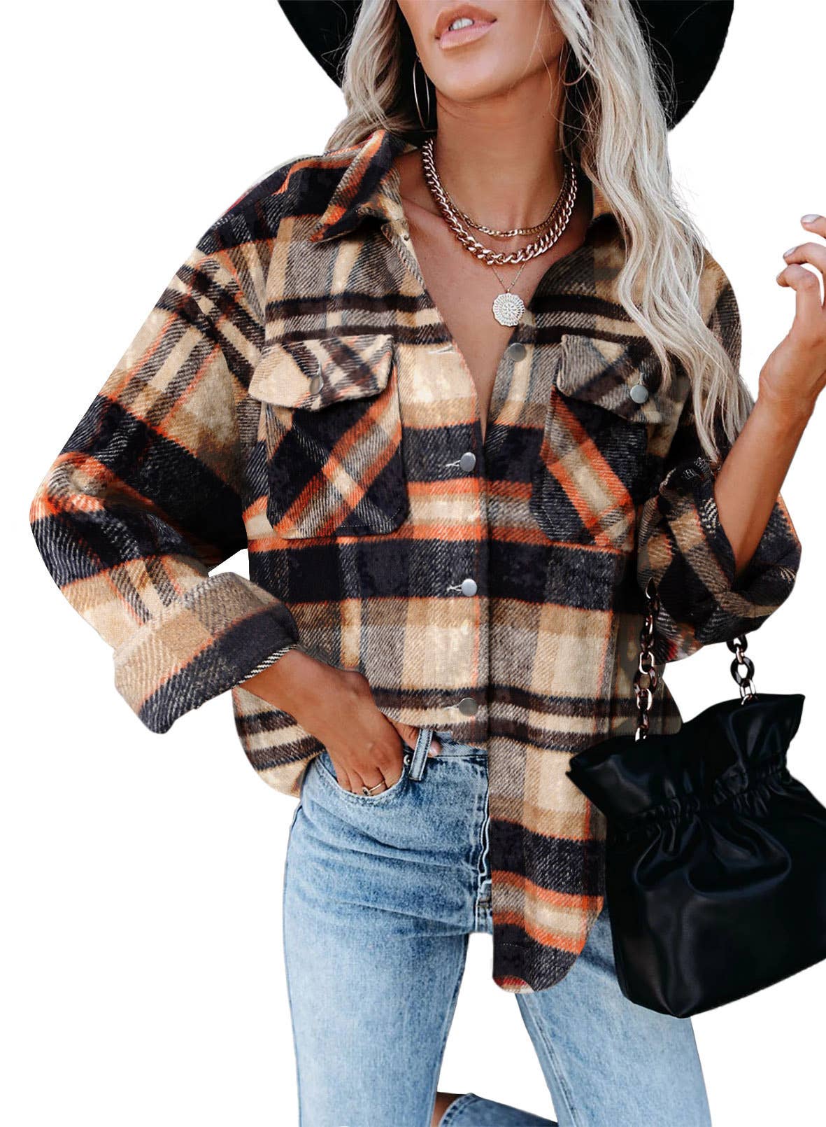 WOOLEN SHIRT LONG - SLEEVED PLAID COAT - 7 Semicolon Couture