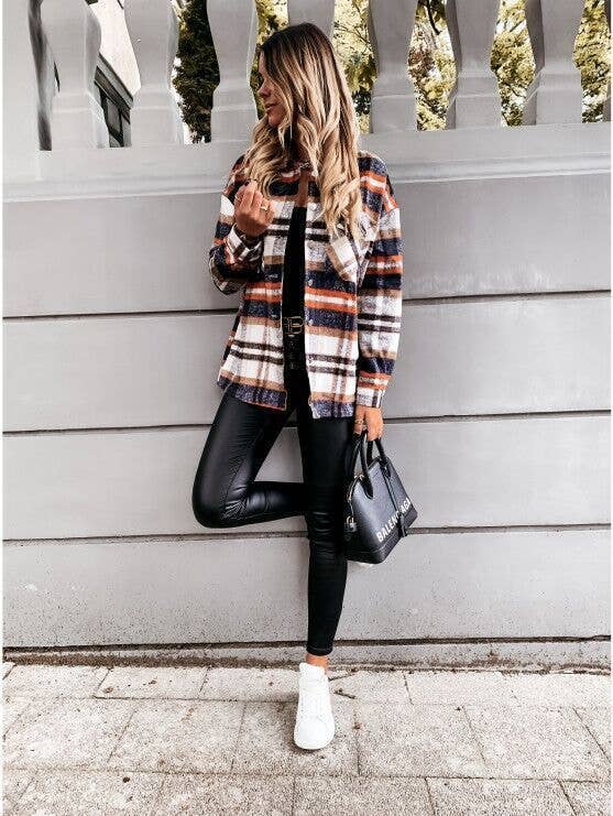 WOOLEN SHIRT LONG - SLEEVED PLAID COAT - 7 Semicolon Couture