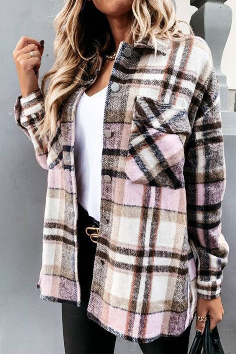 WOOLEN SHIRT LONG - SLEEVED PLAID COAT - 7 Semicolon Couture