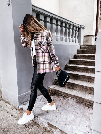 WOOLEN SHIRT LONG - SLEEVED PLAID COAT - 7 Semicolon Couture