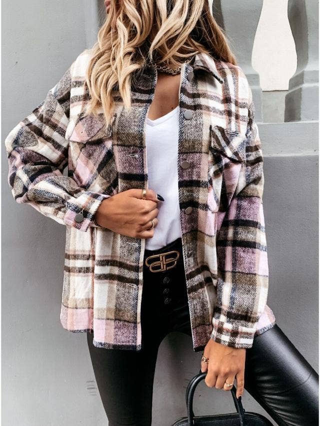 WOOLEN SHIRT LONG - SLEEVED PLAID COAT - 7 Semicolon Couture