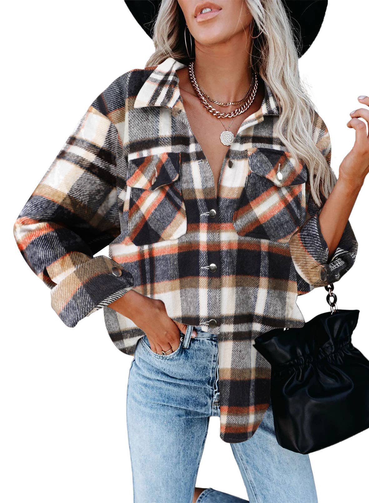 WOOLEN SHIRT LONG - SLEEVED PLAID COAT - 7 Semicolon Couture