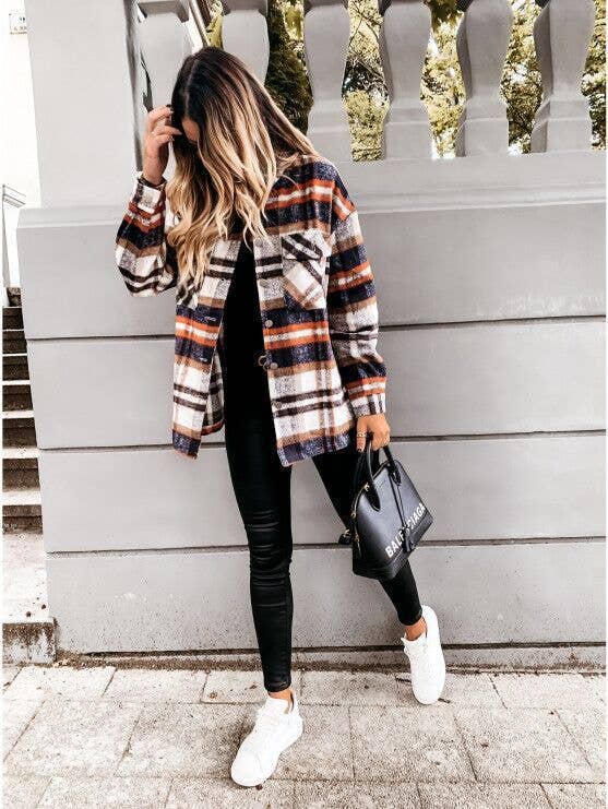 WOOLEN SHIRT LONG - SLEEVED PLAID COAT - 7 Semicolon Couture