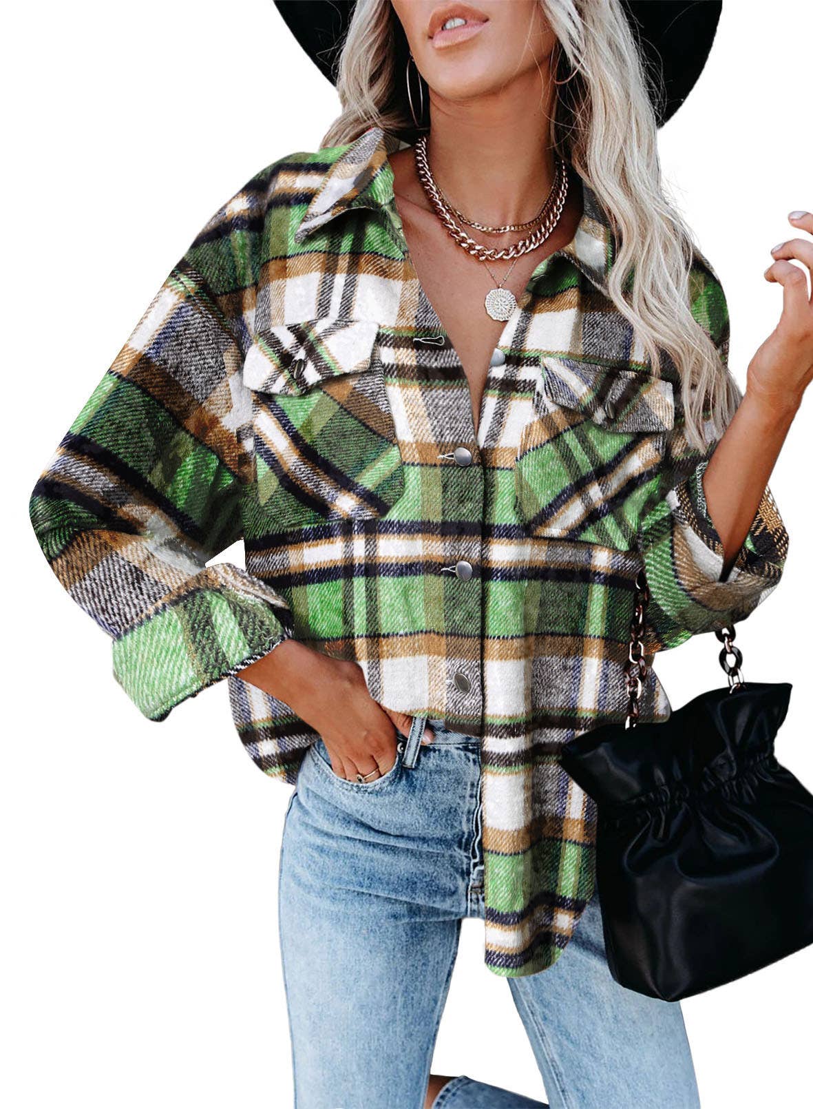 WOOLEN SHIRT LONG - SLEEVED PLAID COAT - 7 Semicolon Couture