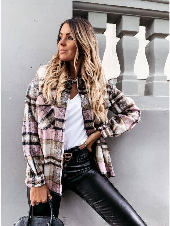 WOOLEN SHIRT LONG - SLEEVED PLAID COAT - 7 Semicolon Couture