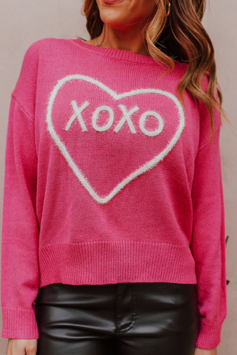 XOXO Round Neck Drop Shoulder Sweater - 7 Semicolon Couture