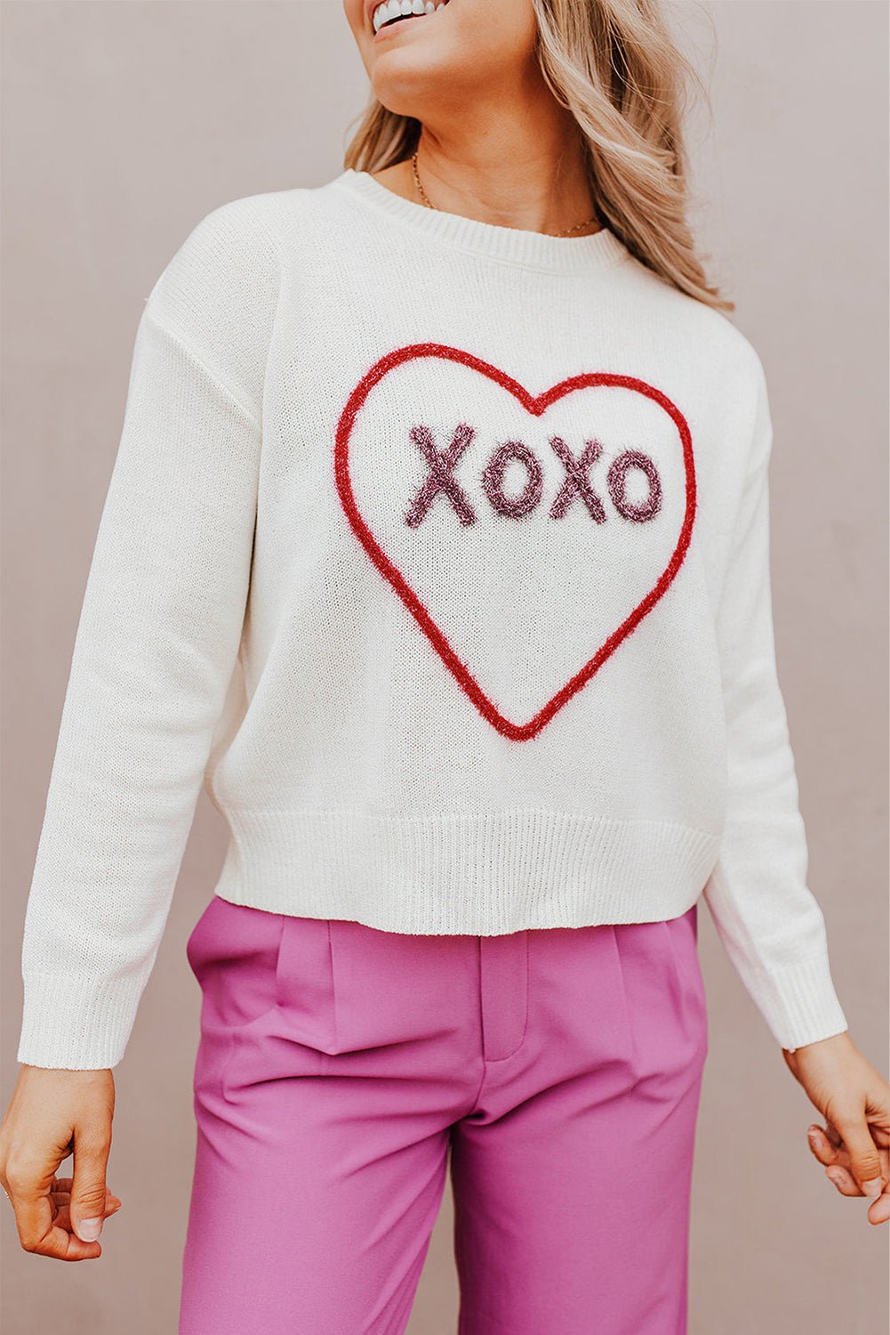 XOXO Round Neck Drop Shoulder Sweater - 7 Semicolon Couture