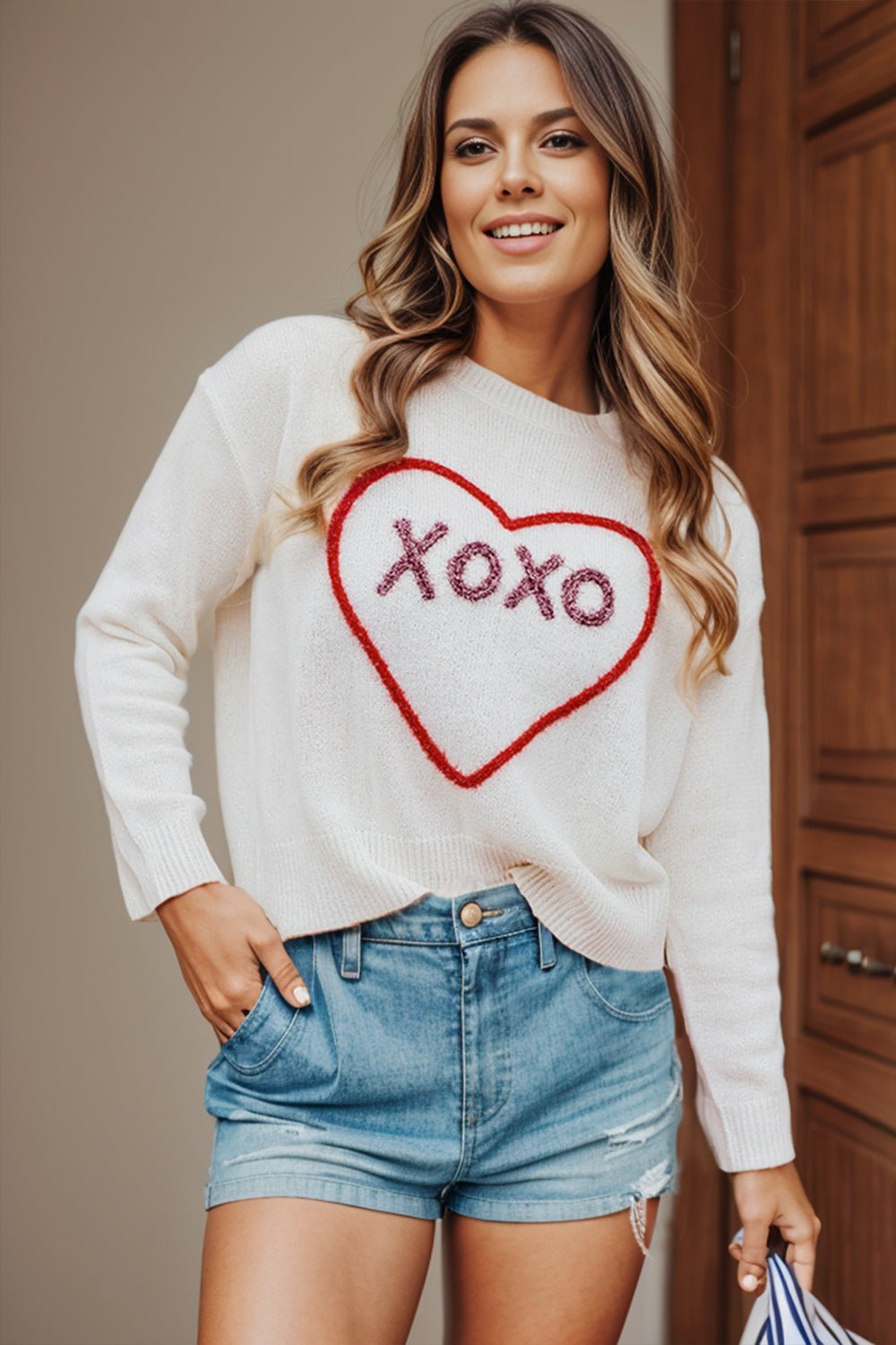 XOXO Round Neck Drop Shoulder Sweater - 7 Semicolon Couture