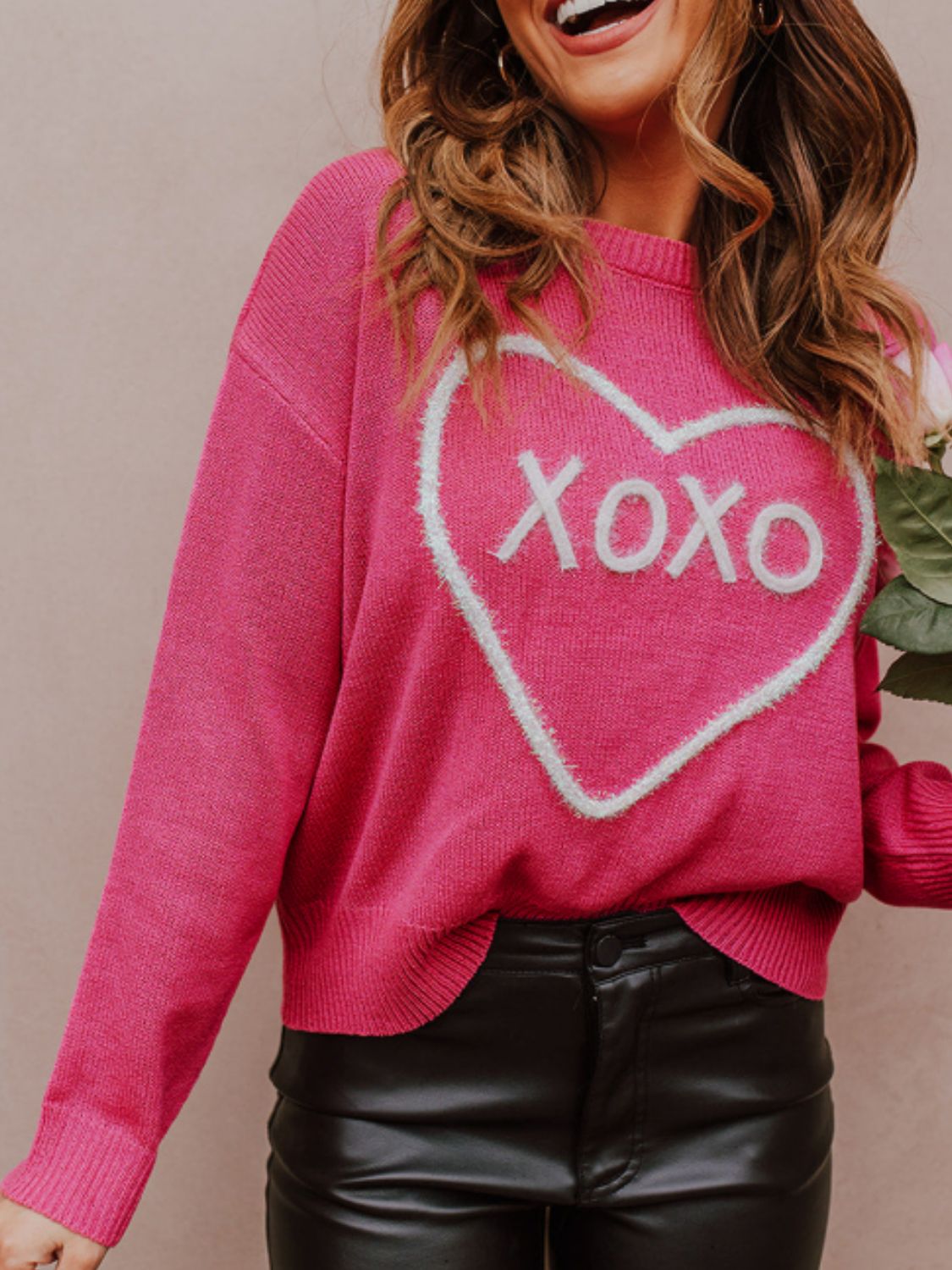 XOXO Round Neck Drop Shoulder Sweater - 7 Semicolon Couture