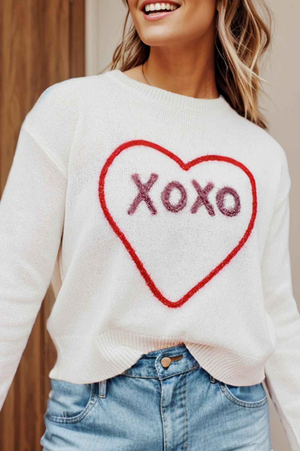 XOXO Round Neck Drop Shoulder Sweater - 7 Semicolon Couture