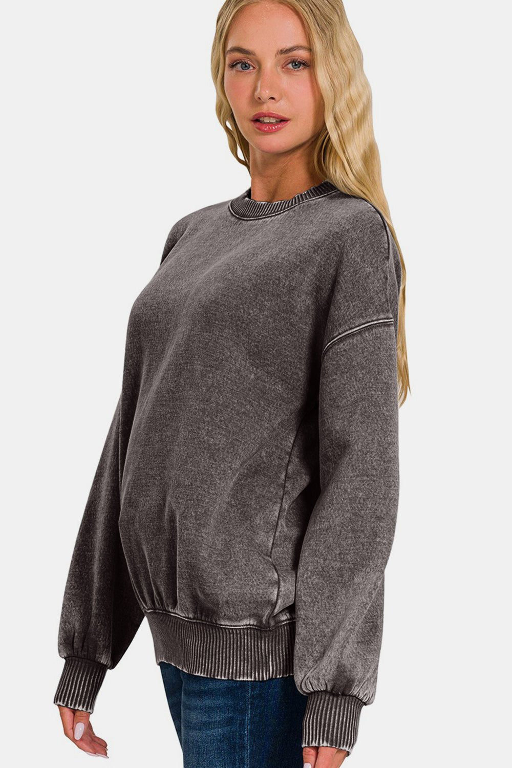 Zenana Full Size Acid Wash Fleece Long Sleeve Sweatshirt - 7 Semicolon Couture