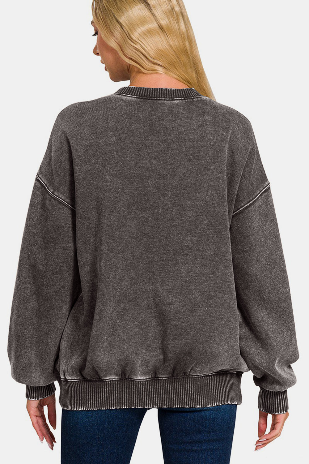 Zenana Full Size Acid Wash Fleece Long Sleeve Sweatshirt - 7 Semicolon Couture