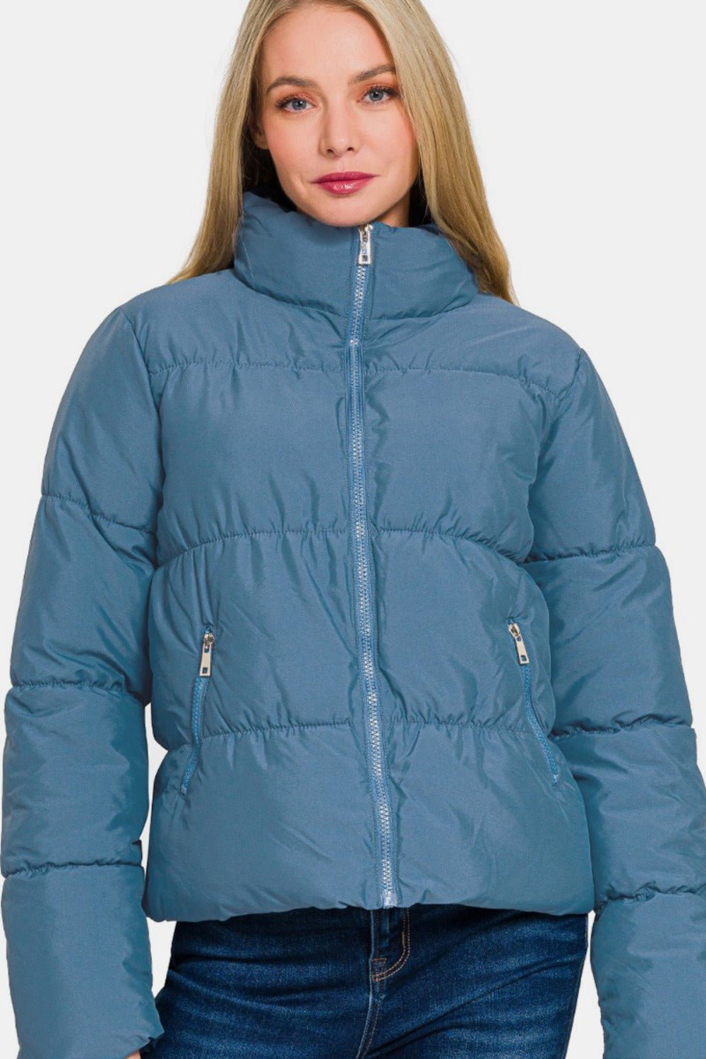 Zenana Zip Up Turtleneck Puffer Jacket with Pockets - 7 Semicolon Couture