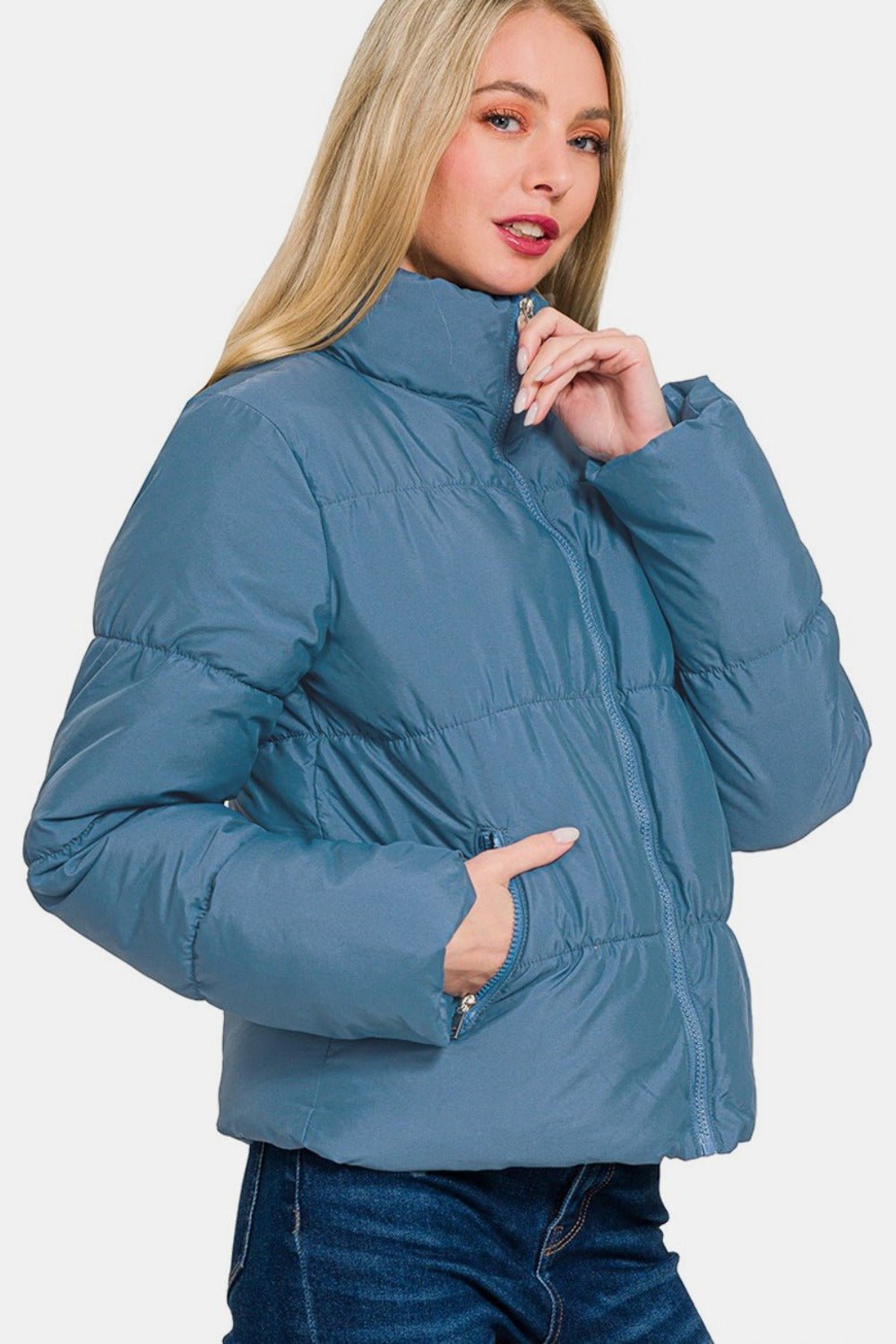 Zenana Zip Up Turtleneck Puffer Jacket with Pockets - 7 Semicolon Couture