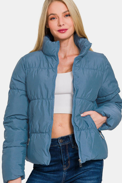 Zenana Zip Up Turtleneck Puffer Jacket with Pockets - 7 Semicolon Couture